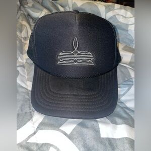 womens Black Trucker Hat with White Minimalist Embroidery